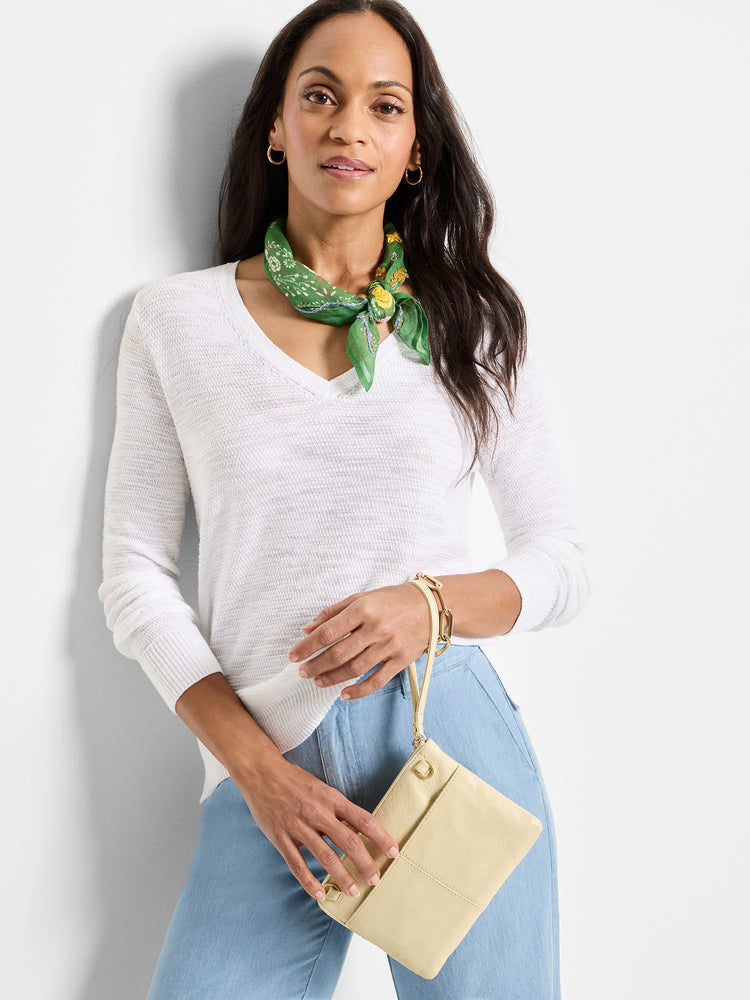 Pale yellow leather clutch with gold hardware. Small, rectangular shape.
