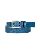 Blue leather belt with silver buckle; croc-embossed texture.