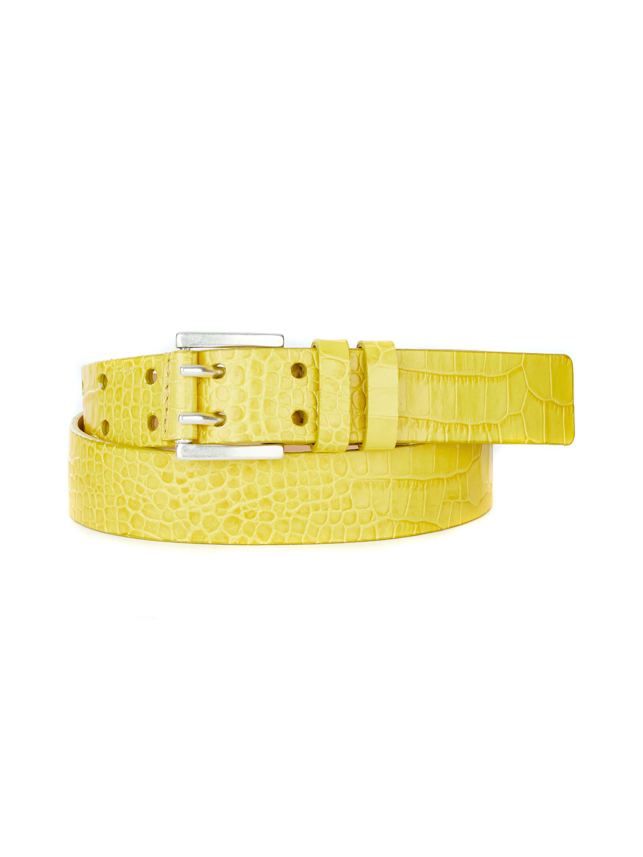 Yellow leather belt with silver buckle; crocodile-embossed texture.