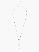 Grey and beige pearls on gold chain; Y-shaped;  pearls vary in size and shade.
