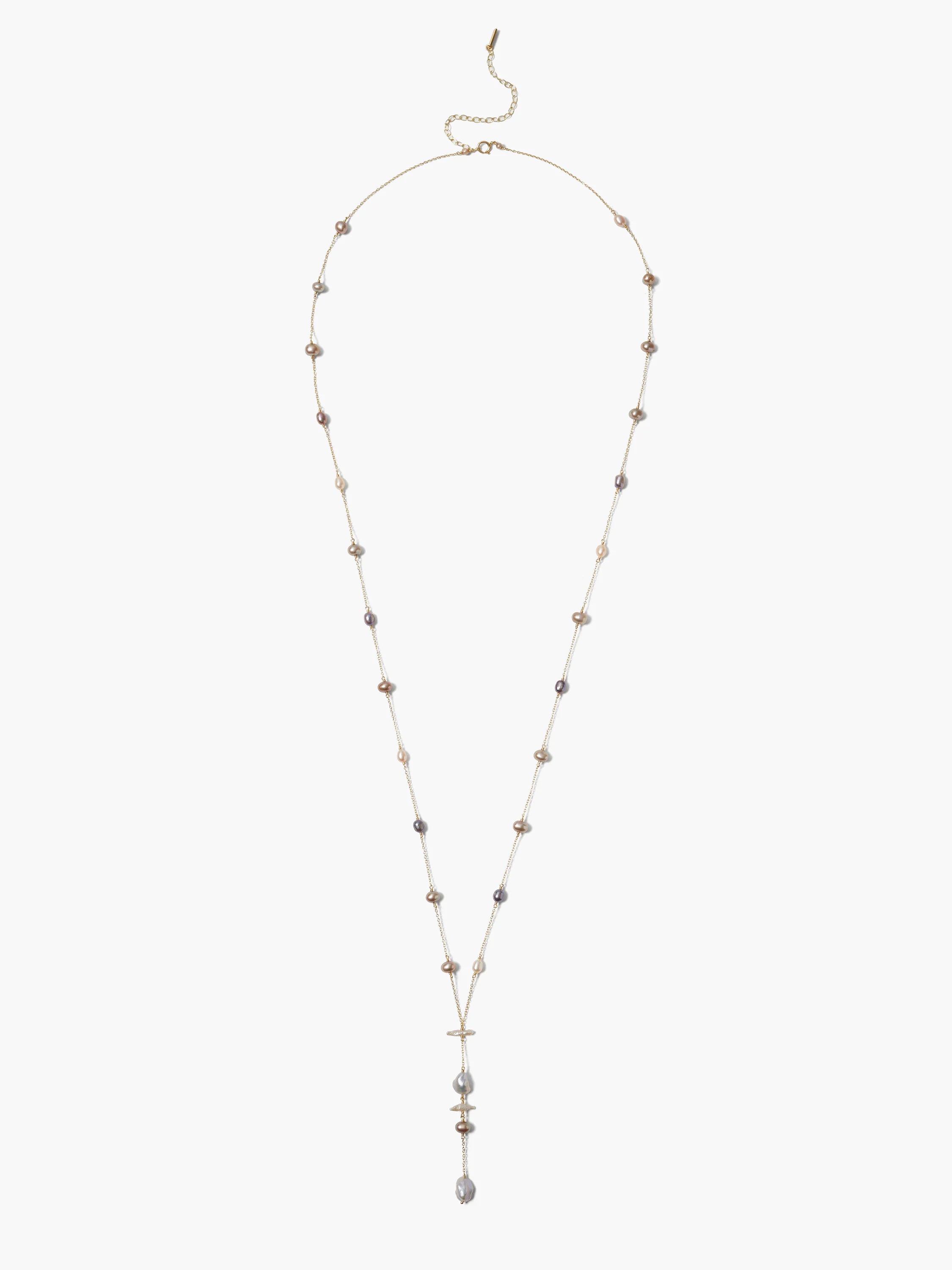 Grey and beige pearls on gold chain; Y-shaped;  pearls vary in size and shade.