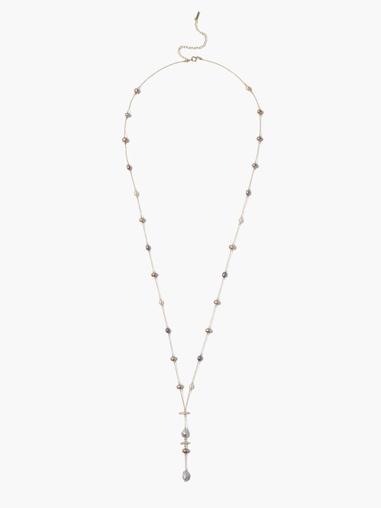 Grey and beige pearls on gold chain; Y-shaped;  pearls vary in size and shade.