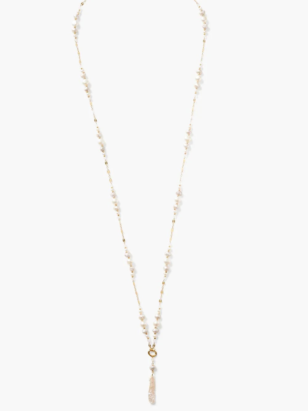 Long gold chain necklace with off-white pearls and a single, larger off-white pearl drop.
