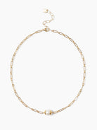Gold paperclip chain necklace, white pearl wrapped in gold.