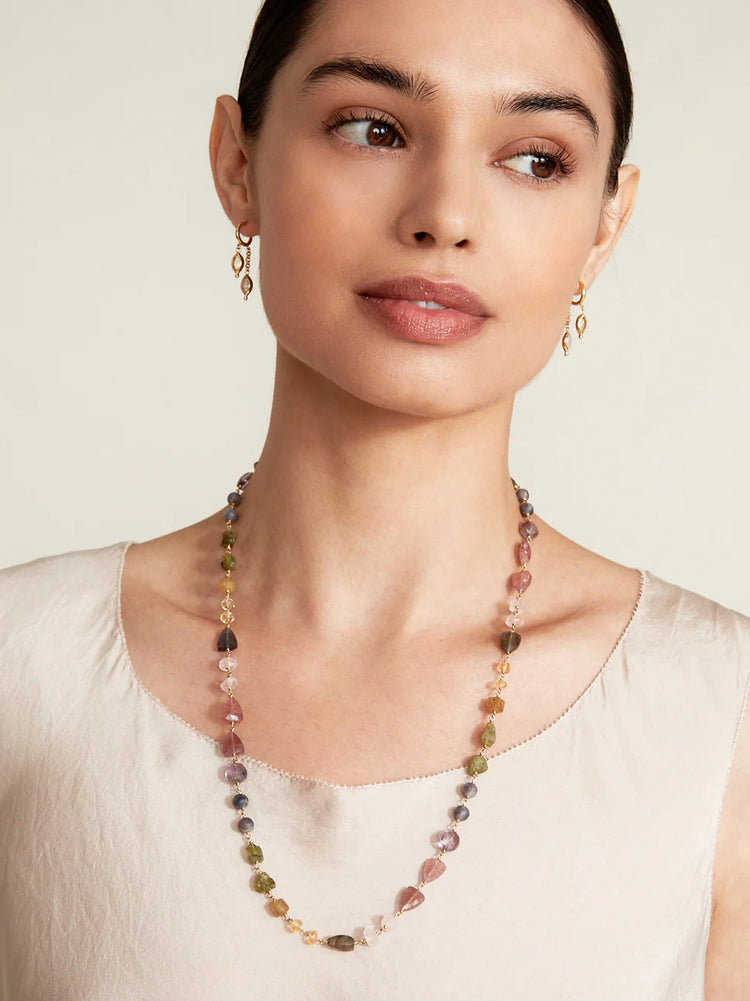 Multi-stone necklace with pink, purple, green, and yellow stones; gold chain.