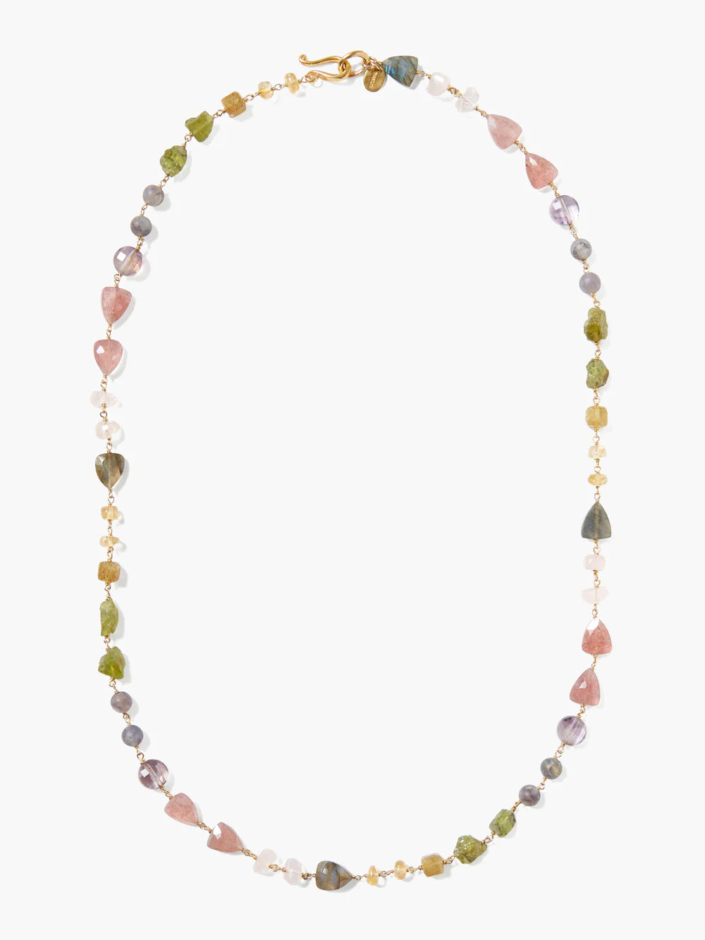 Gold chain necklace with pink, green, and purple stones of varying shapes and sizes.
