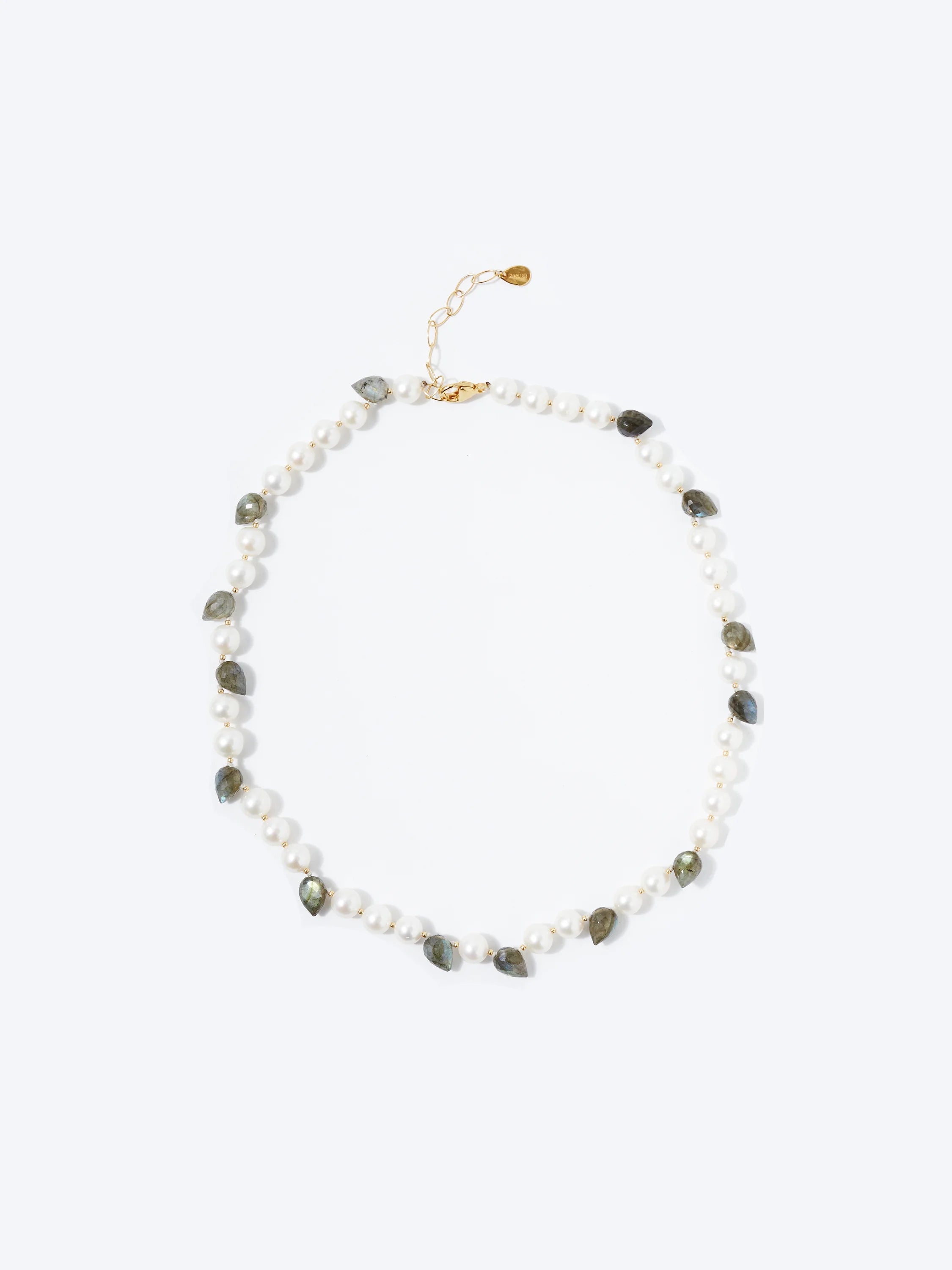 Necklace with alternating white pearls, grey-green teardrop stones, and small gold beads. Features a gold clasp and extender.
