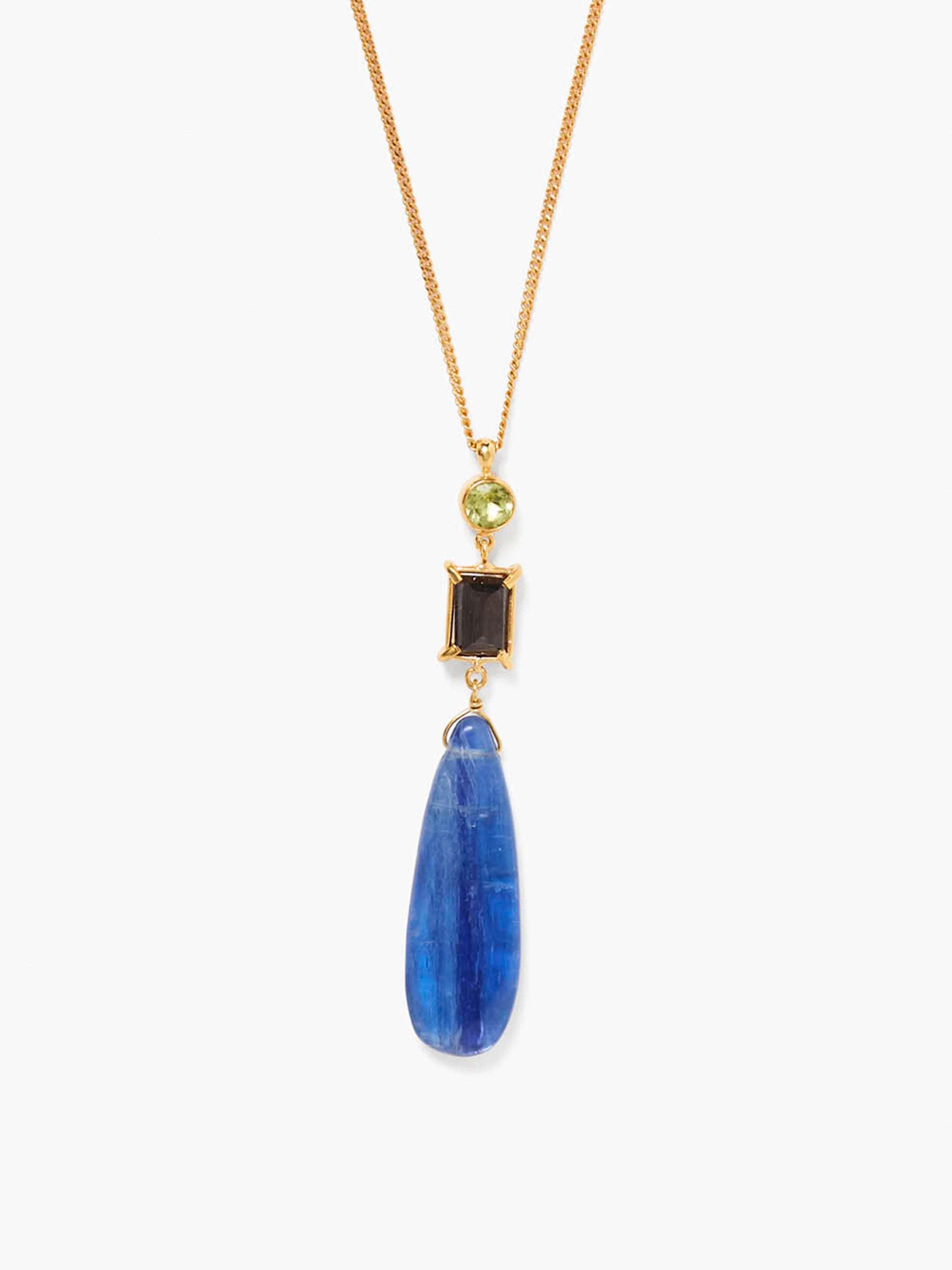 Gold chain, light-green, dark-grey, and blue stones.  Largest stone is teardrop-shaped, blue.