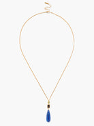 Gold chain necklace with blue, green, and black stone teardrop pendant.