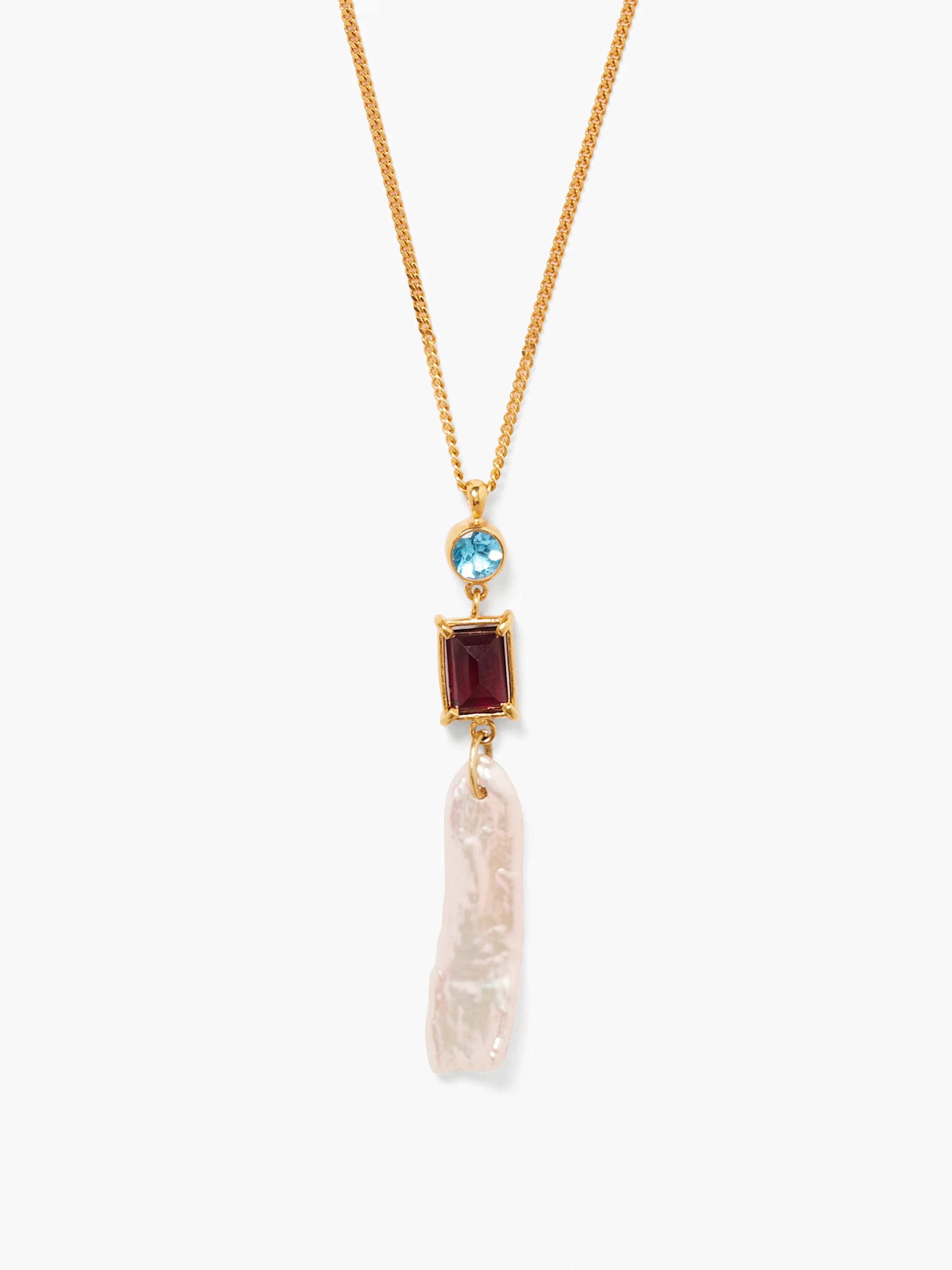 Gold chain necklace with light blue, dark red, and off-white baroque pearl drop pendant.
