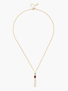 Gold chain necklace with light pink pearl, dark red, and light blue stone accents.