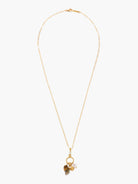 Gold paperclip chain necklace with dark iridescent labradorite leaf charms and a light pearl.