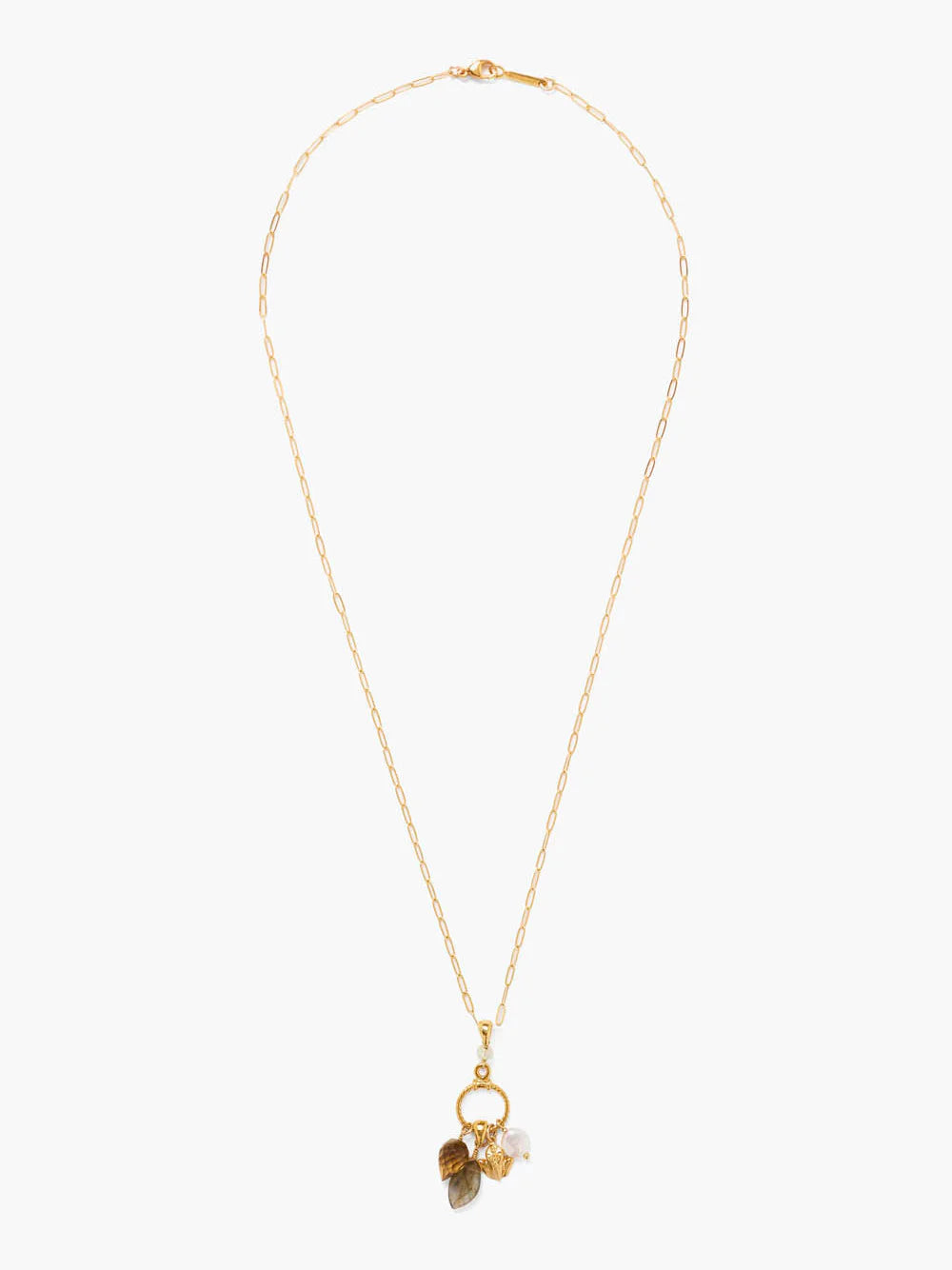 Gold chain necklace with a gold charm holding small brown, gray, and white stones.