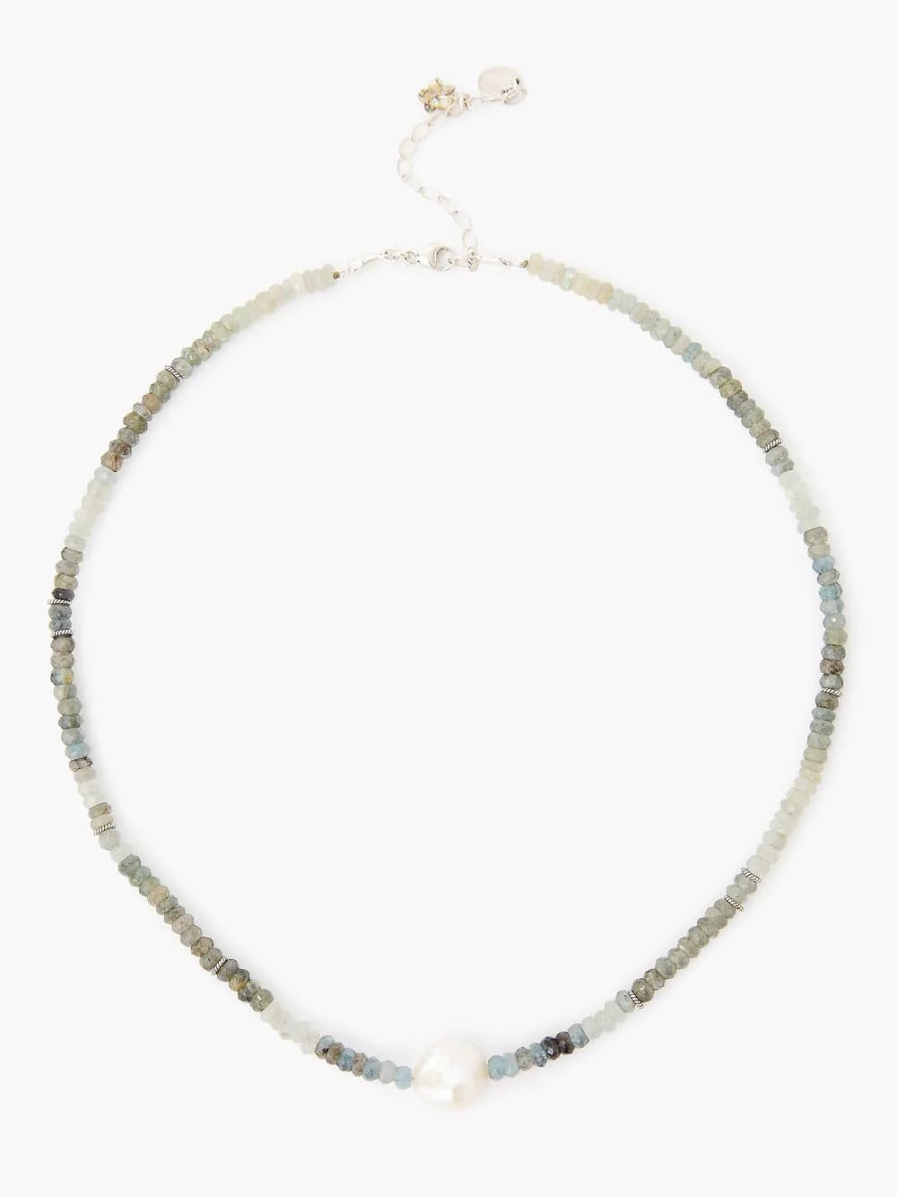 Beaded necklace with pale blue, green, and grey faceted stones. A large, off-white baroque pearl centers the front....