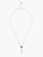 Silver chain necklace with a rectangular greenish-grey labradorite stone and two white pearl drops.