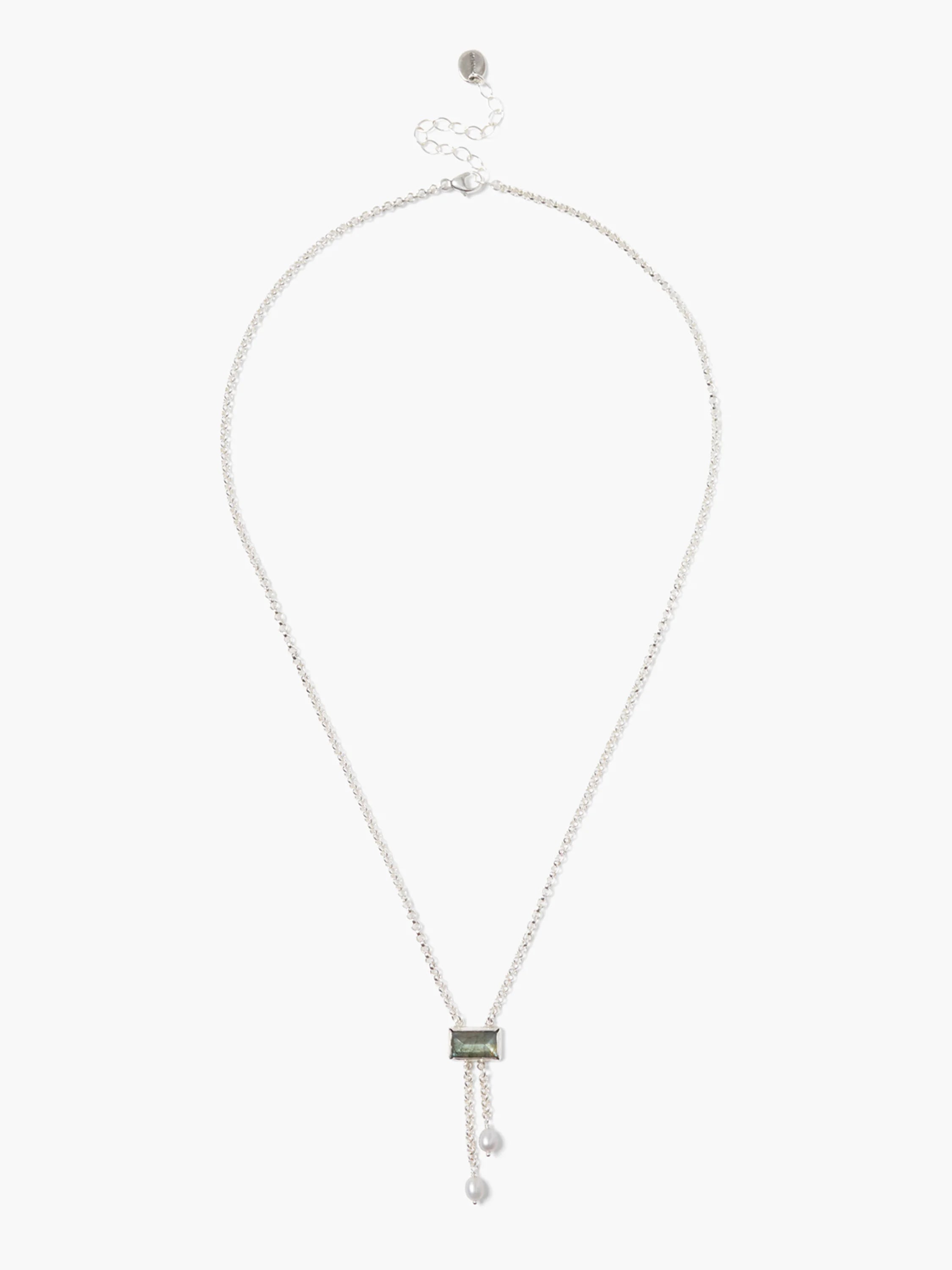 Silver chain necklace with a rectangular greenish-grey labradorite stone and two white pearl drops.