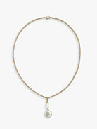 Gold chain necklace with a pearl and diamond pendant.  The pearl is off-white; diamonds and chain are gold.