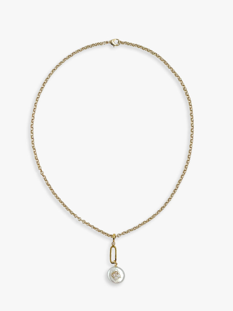 Gold chain necklace with a pearl and diamond pendant.  The pearl is off-white; diamonds and chain are gold.