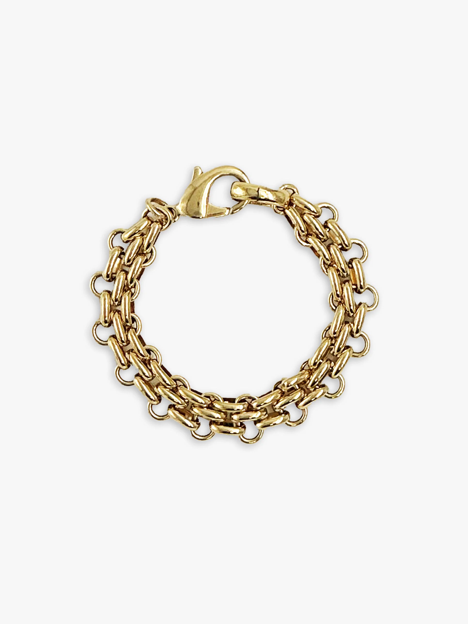 Gold bracelet: two parallel chains of oval links connected by smaller round links, lobster clasp.