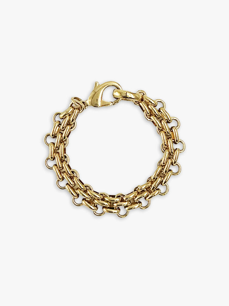 Gold bracelet: two parallel chains of oval links connected by smaller round links, lobster clasp.