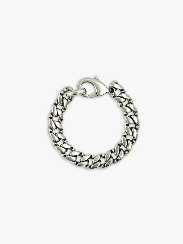 Oxidized silver curb chain bracelet with thick oval links and a lobster clasp.