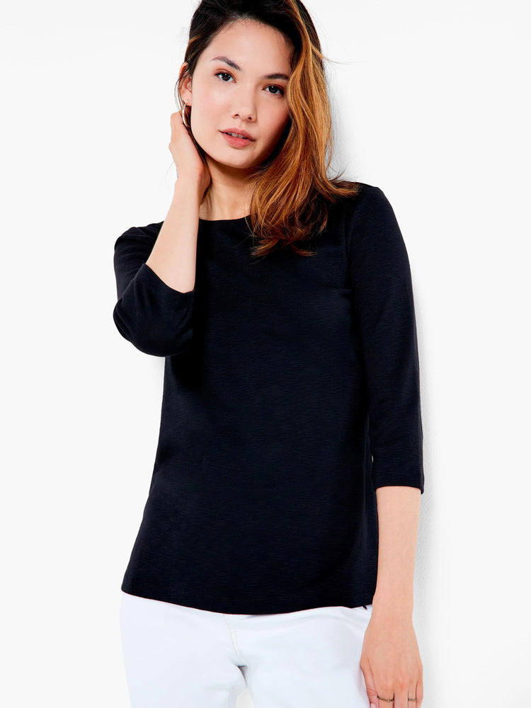 Black 3/4 sleeve boat neck tee with a fine, horizontally textured knit fabric.
