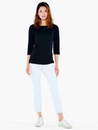 Black 3/4 sleeve boat neck tee. Features a simple, fitted silhouette.