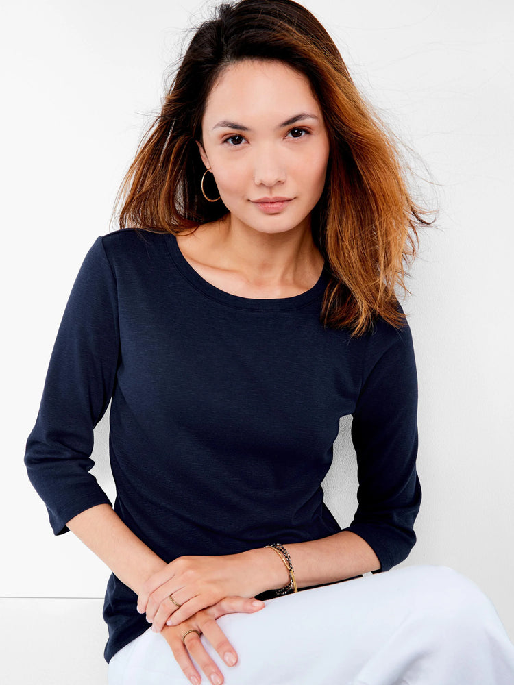Dark blue 3/4 sleeve boat neck tee with a subtle heathered knit texture.