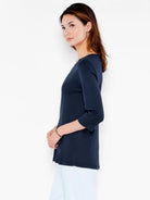 Dark navy 3/4 sleeve boat neck tee with a relaxed fit, shown on a model.