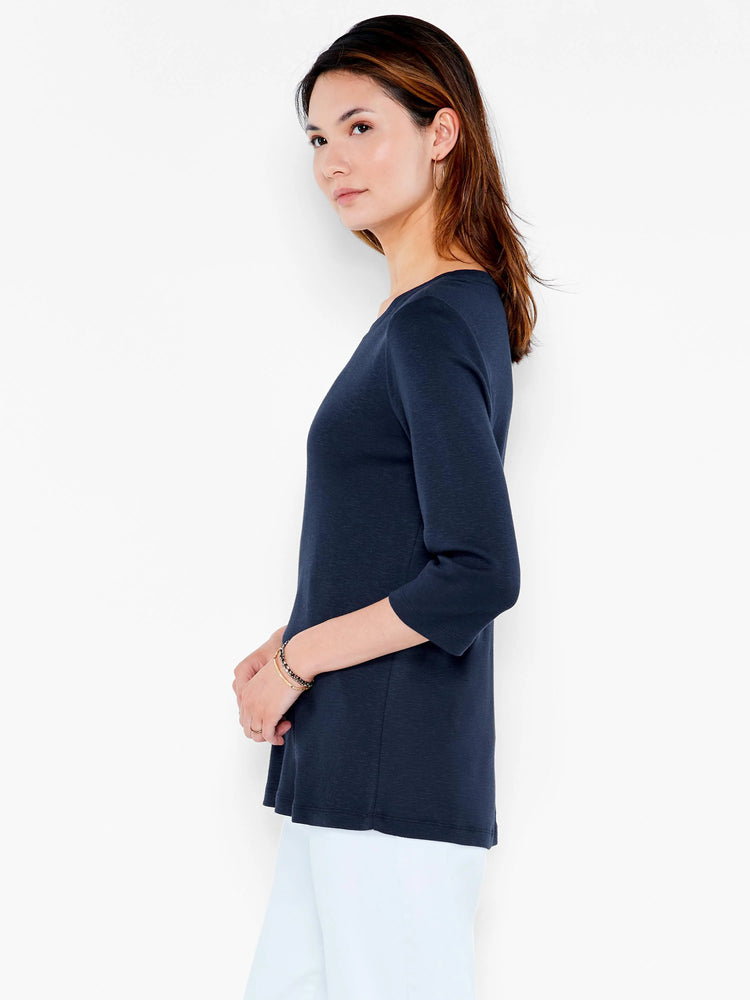 Dark navy 3/4 sleeve boat neck tee with a relaxed fit, shown on a model.