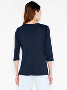 Navy blue 3/4 sleeve boat tee, seen from the back, featuring a vertical center seam.