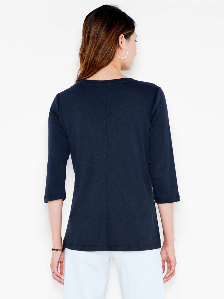 Navy blue 3/4 sleeve boat tee, seen from the back, featuring a vertical center seam.