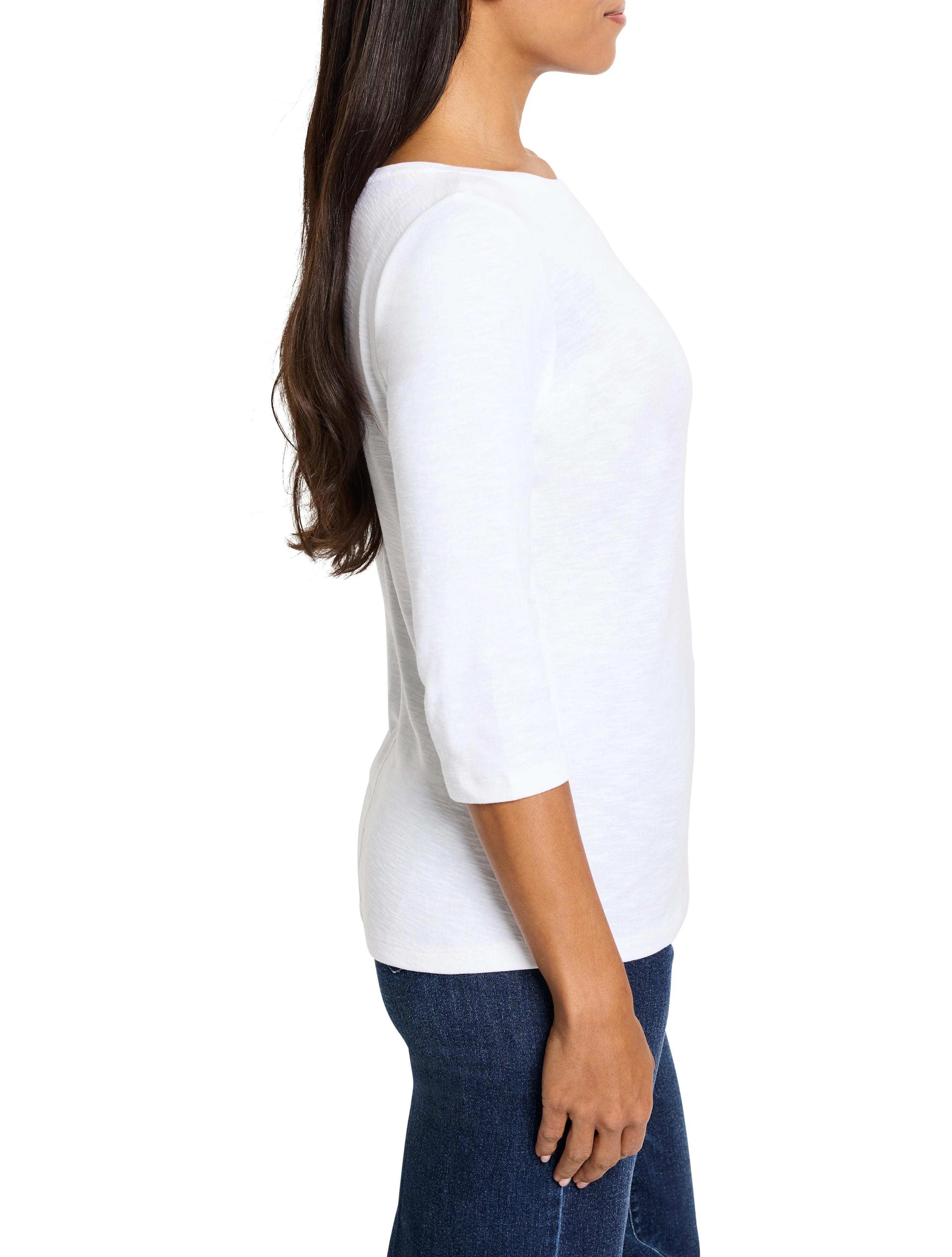 White 3/4 sleeve boat neck tee. Features subtle textured fabric and a relaxed fit.