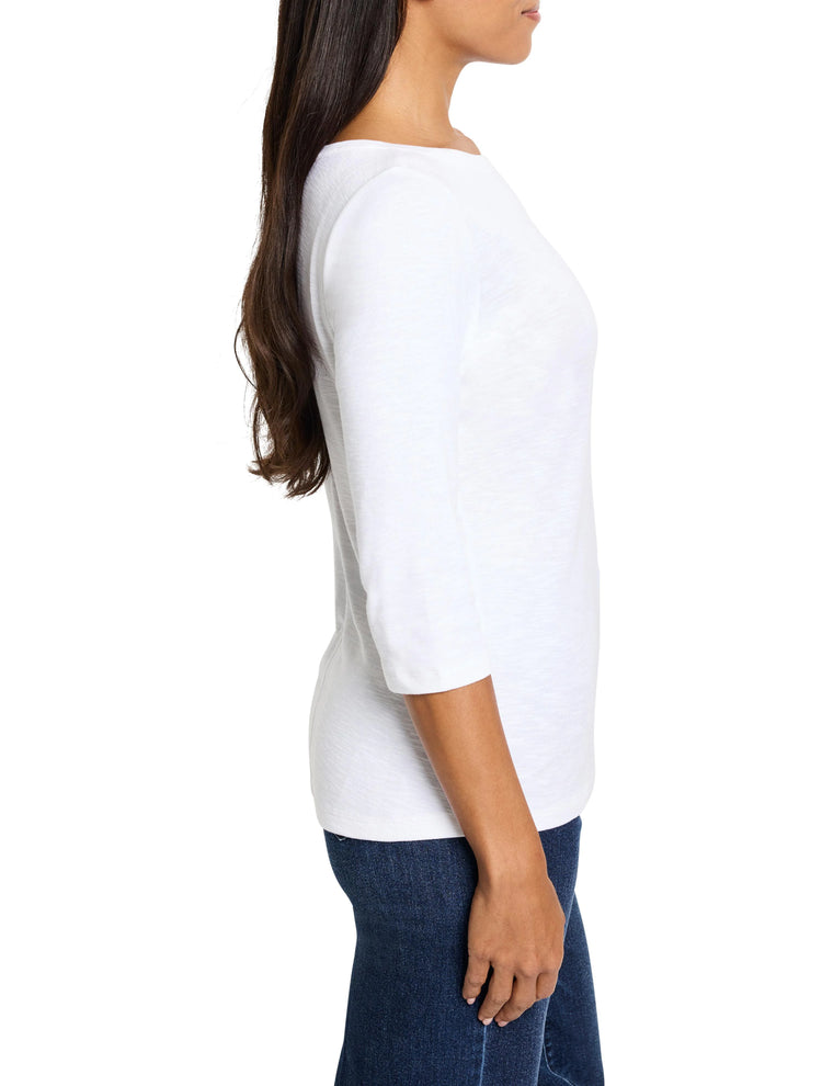 White 3/4 sleeve boat neck tee. Features subtle textured fabric and a relaxed fit.