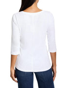 White 3/4 sleeve boat neck tee, back view. Features subtle textured fabric and a center back seam.