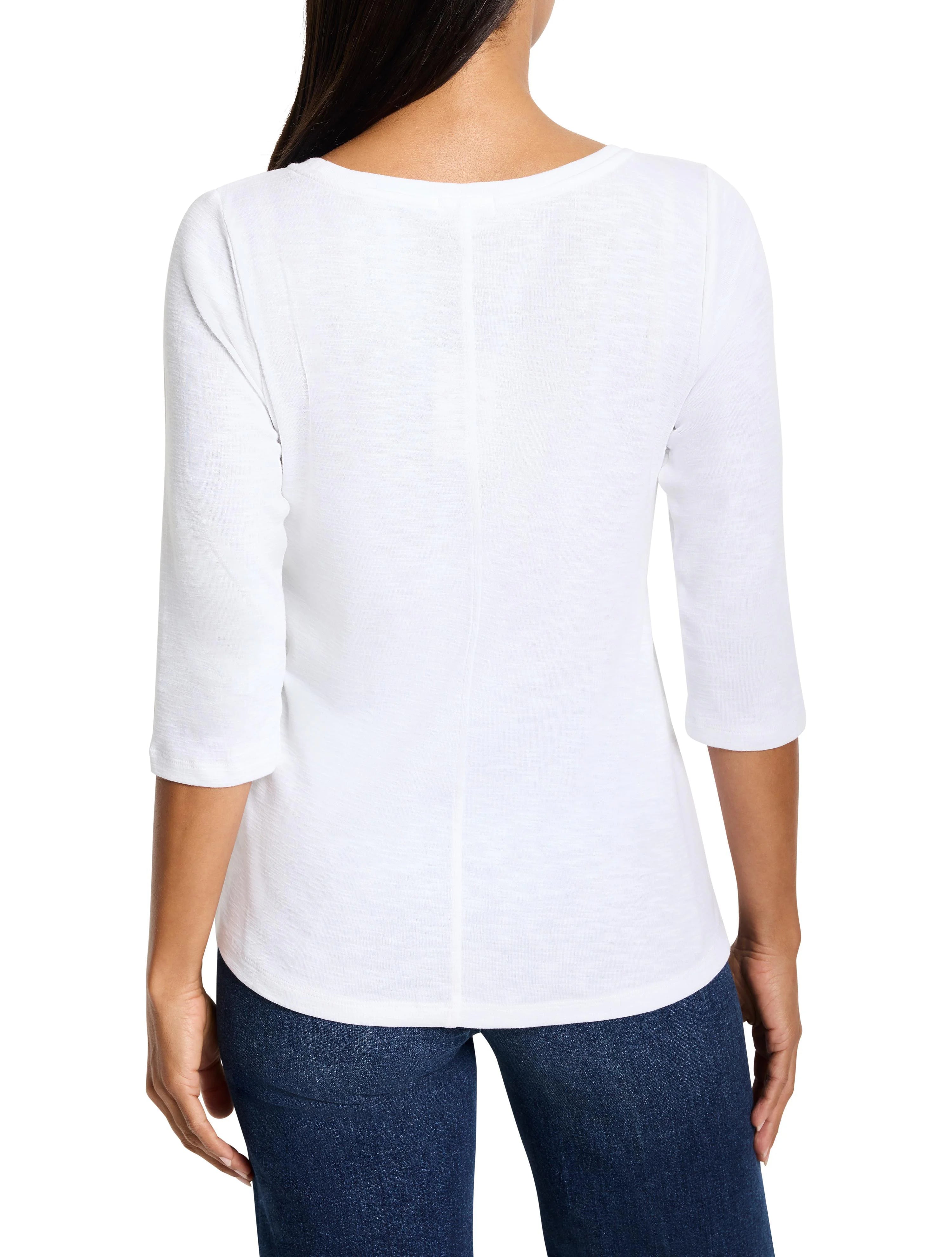 White 3/4 sleeve boat neck tee, back view. Features subtle textured fabric and a center back seam.