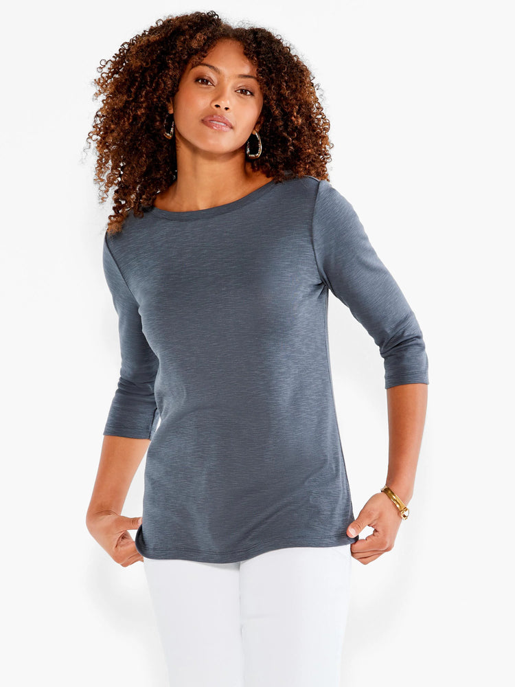 Dark gray heathered 3/4 sleeve boat neck tee with a subtle texture.
