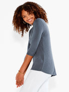 Heather blue-grey 3/4 sleeve boat neck tee with a relaxed fit and curved hem.