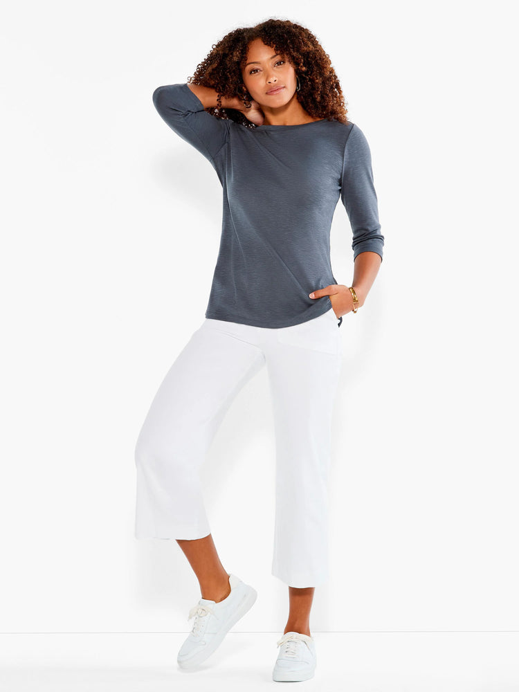 Dark blue-gray 3/4 sleeve boat neck tee, subtle fabric texture.