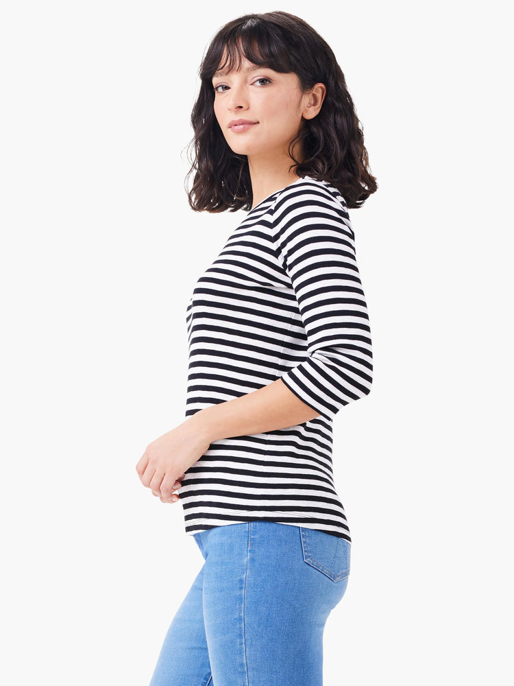 Black and white horizontal striped tee with 3/4 sleeves and a boat neck.