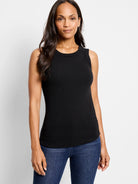 Black ribbed sleeveless top with a round neckline.
