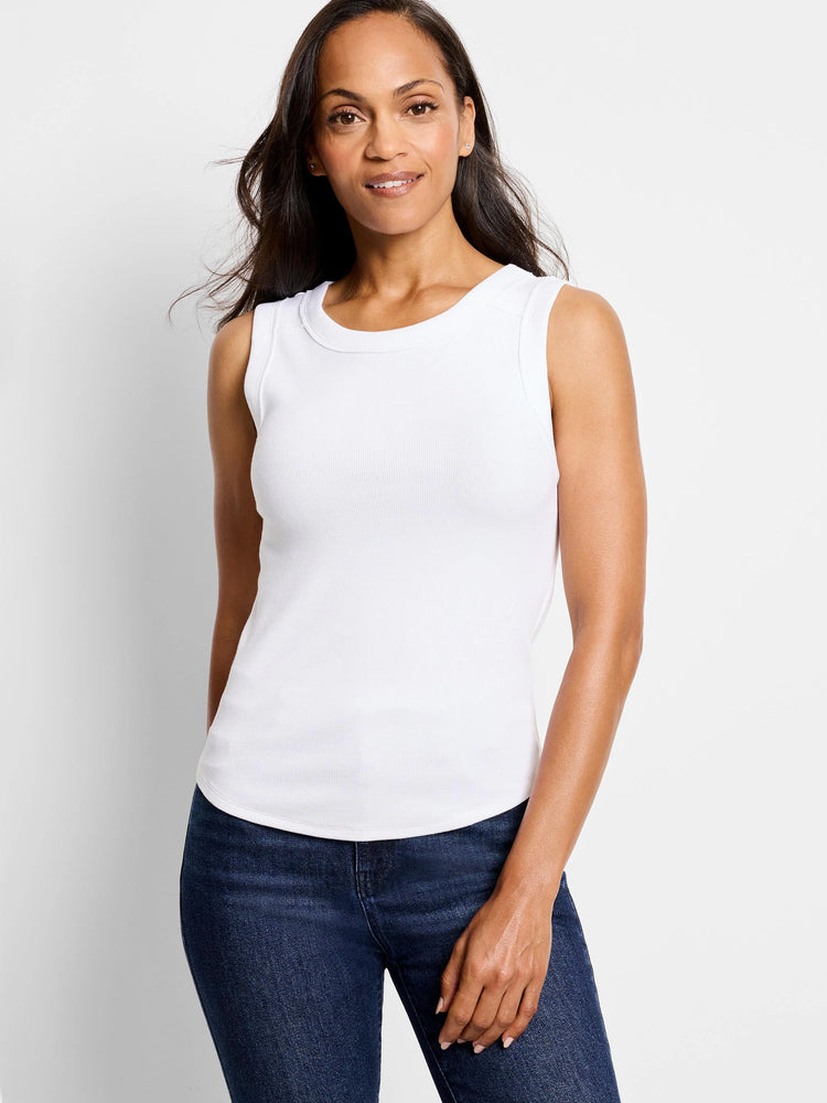 White ribbed sleeveless top with a round neck.