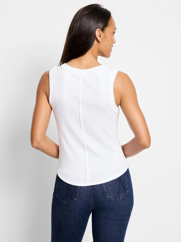 White ribbed sleeveless top, seamed down the back.  Shown on model from the back.