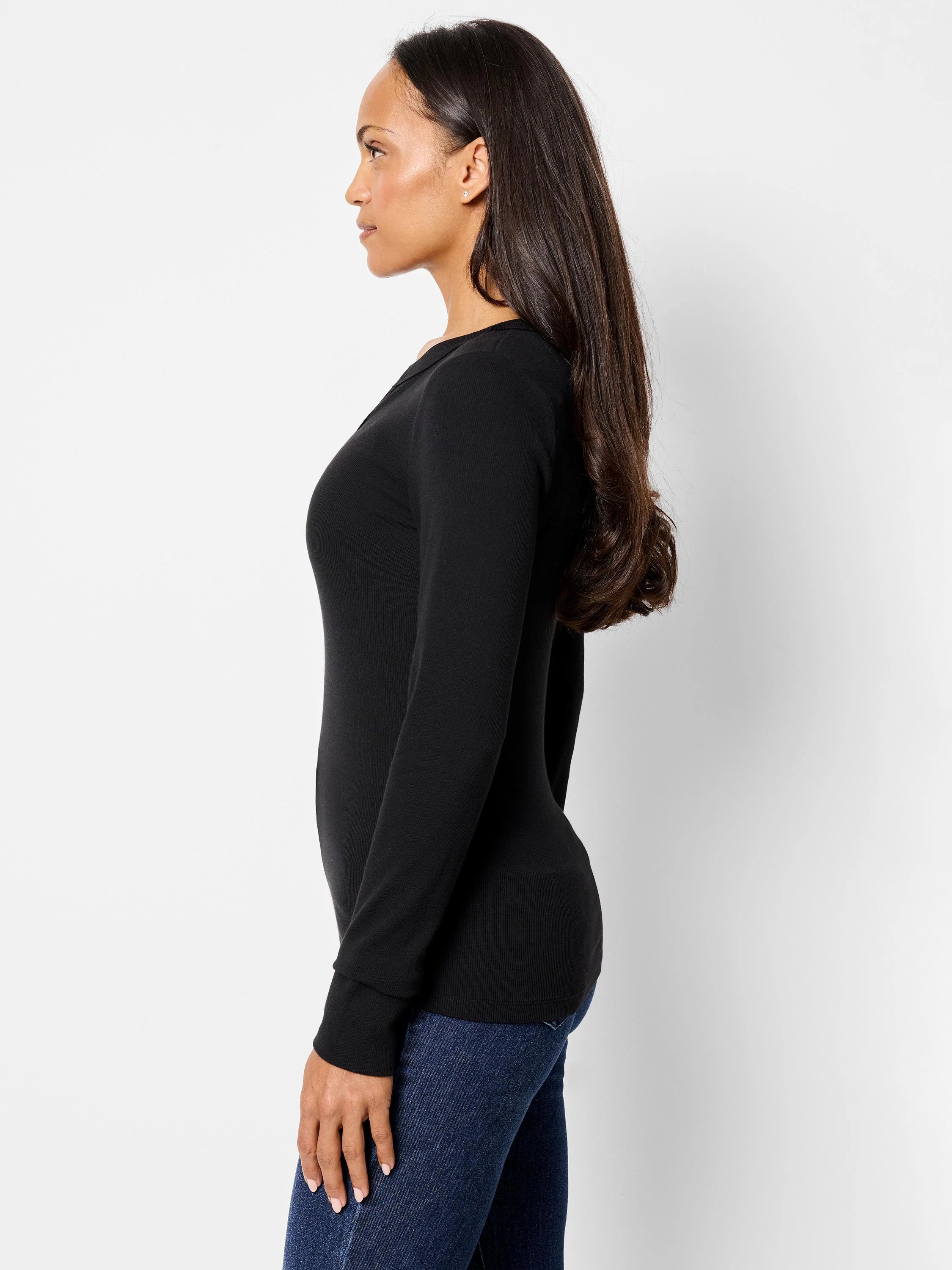 Black ribbed, long-sleeved t-shirt; split neckline.