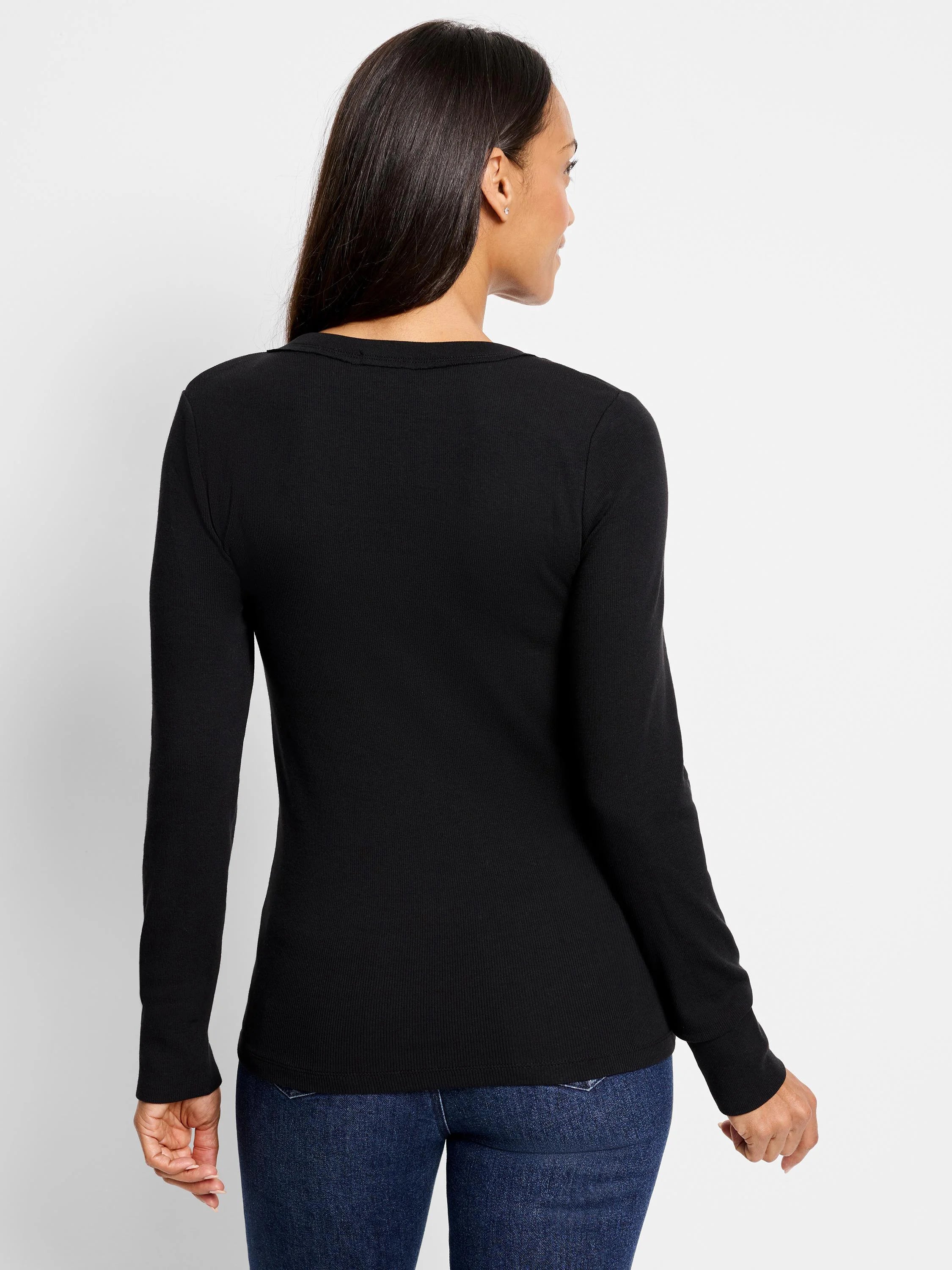 Black ribbed, long-sleeved shirt; split neckline.
