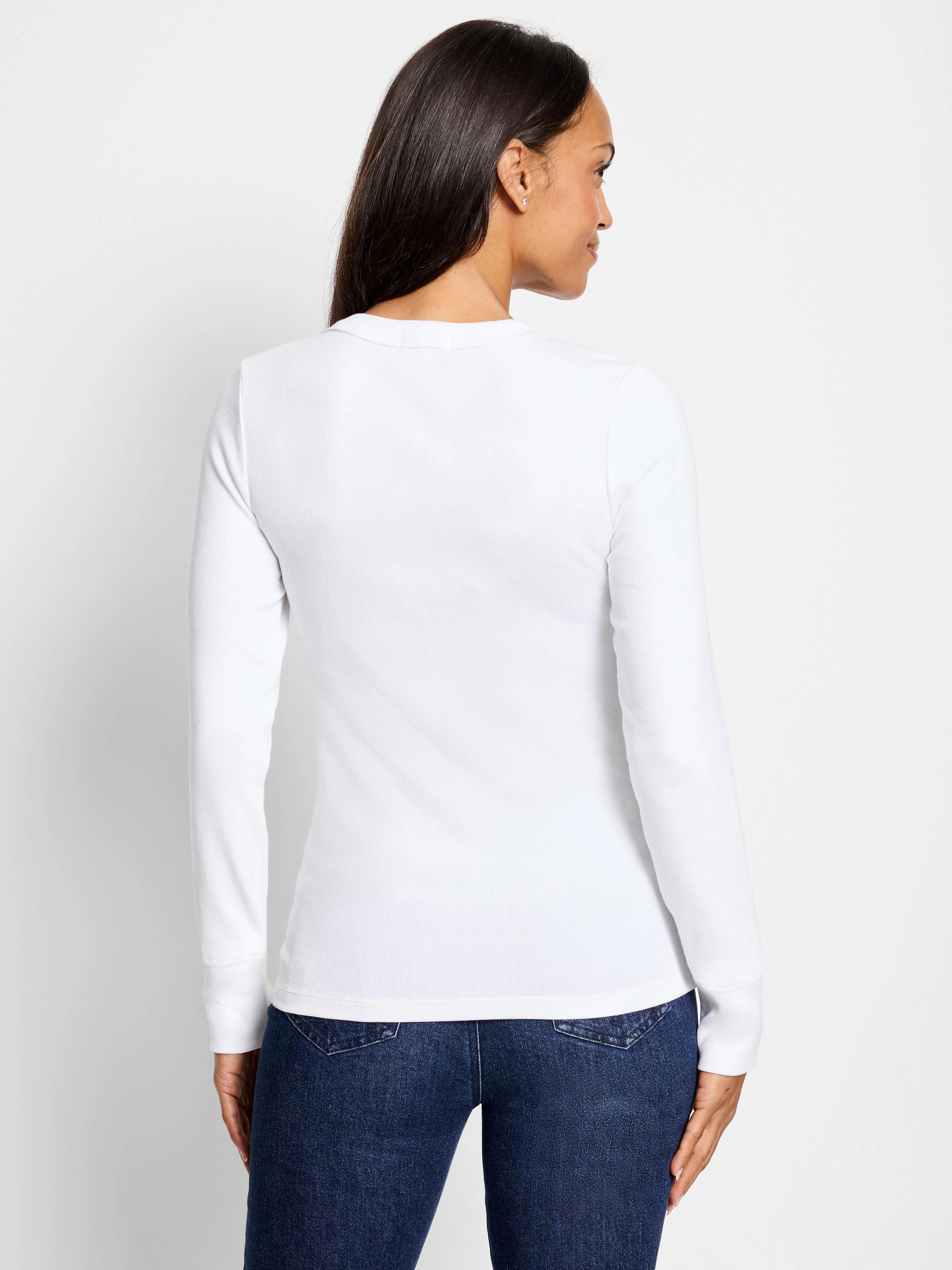 White ribbed long-sleeve shirt, split neckline, shown from the back.
