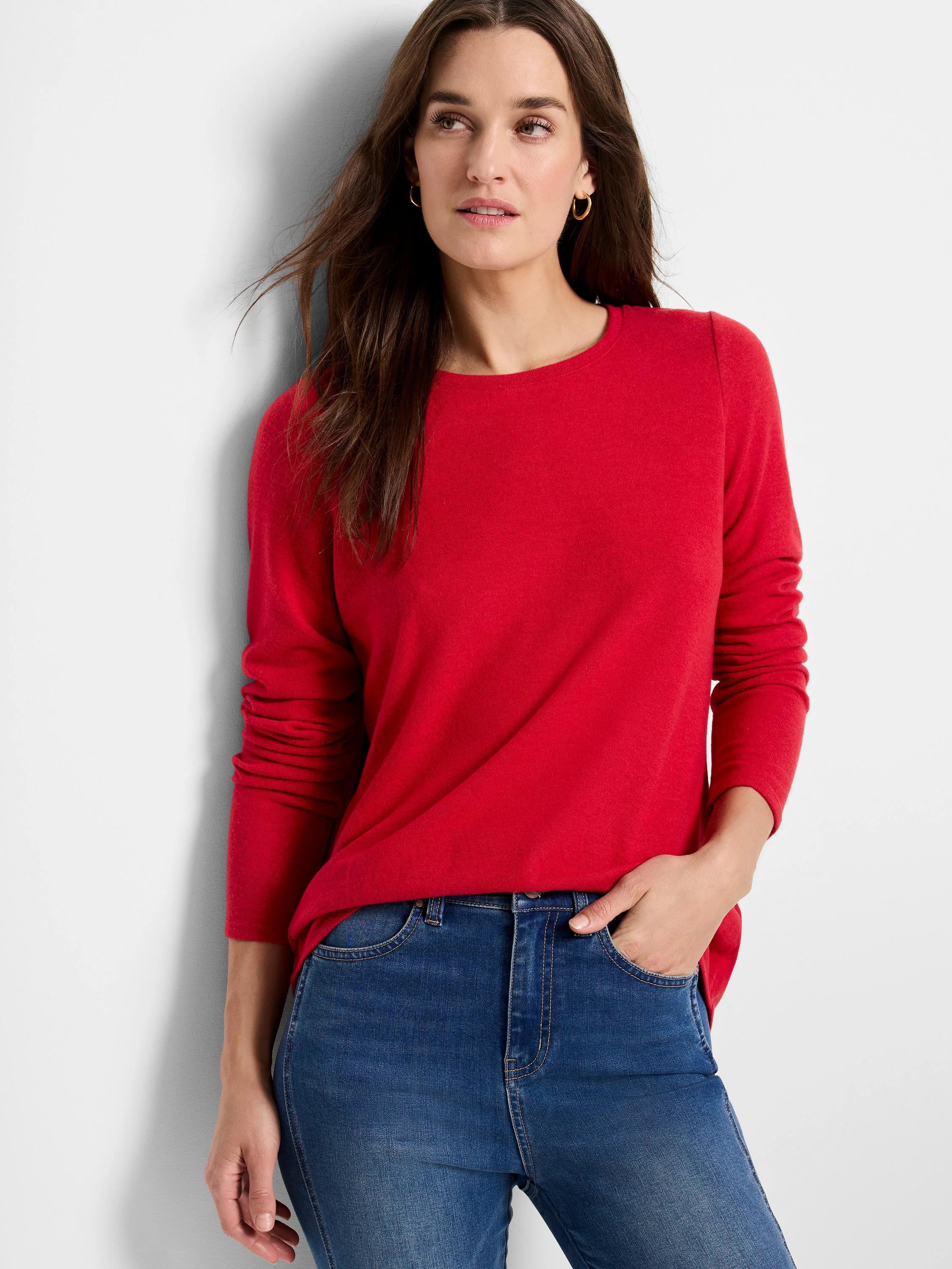 Red long-sleeve shirttail tee.  Crew neck, relaxed fit.