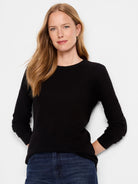 Black long-sleeve shirttail tee.  Crew neck, slightly longer in the back.