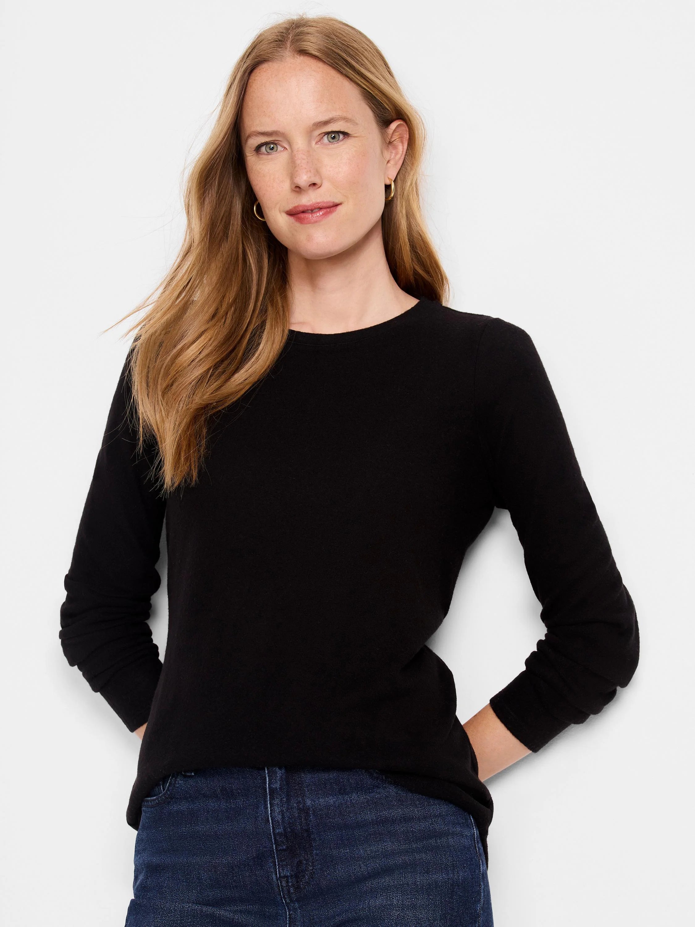 Black long-sleeve shirttail tee.  Crew neck, slightly longer in the back.