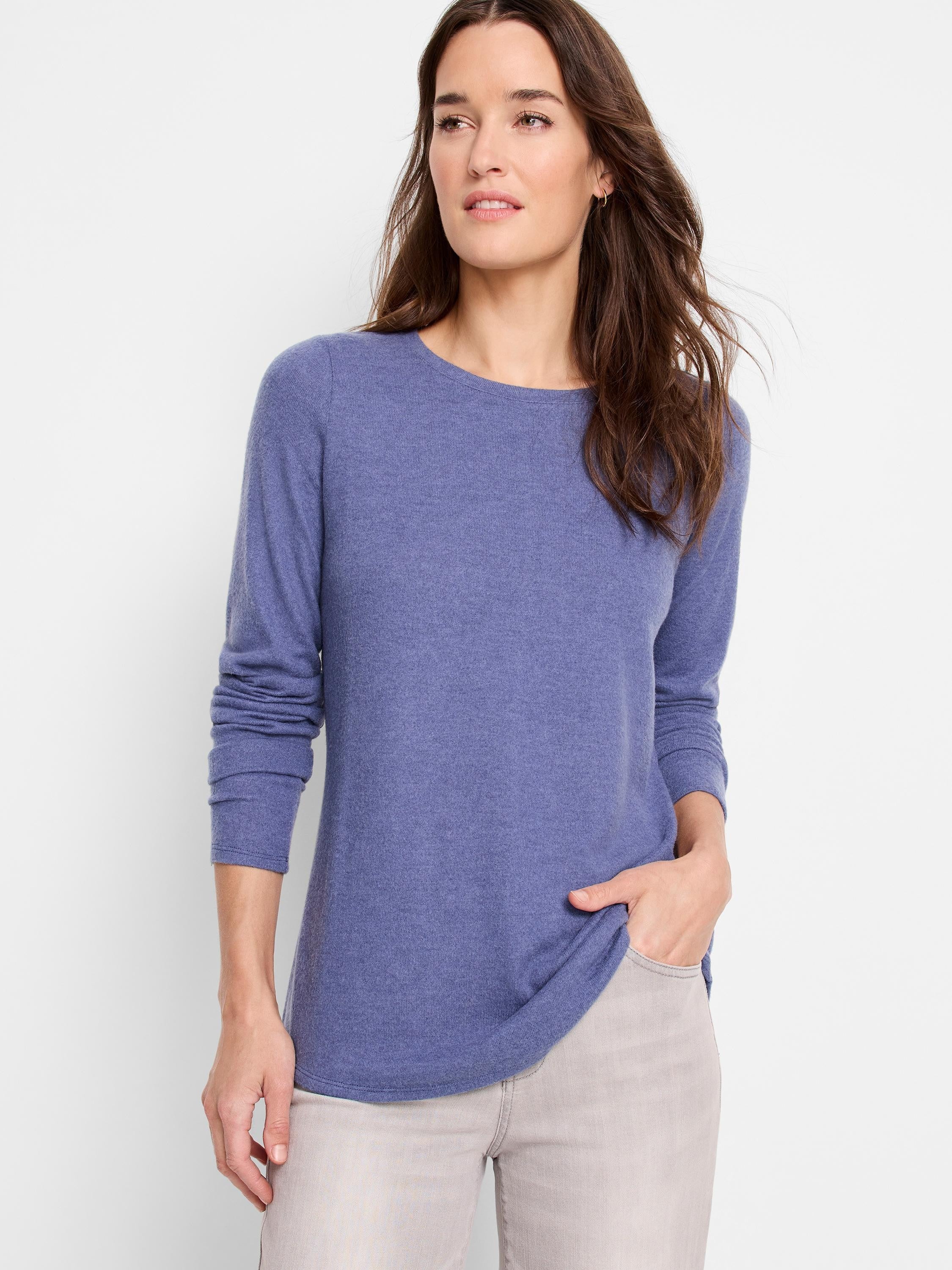 Periwinkle blue, long-sleeved shirttail tee.  Crew neck, solid color.
